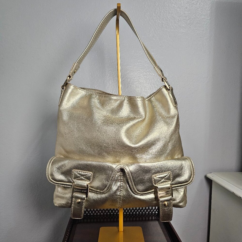 Michael Kors Metallic Gold Leather Hobo Bag - Gold Buckle Pocket Shoulder Bag - Picture 2 of 4